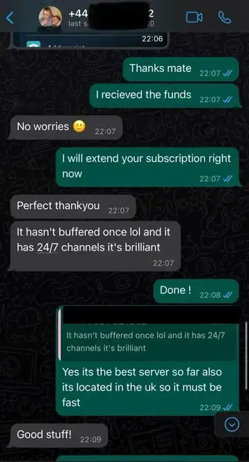WhatsApp message from a happy AtlasStream Live customer