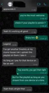 WhatsApp message from a happy AtlasStream Live customer