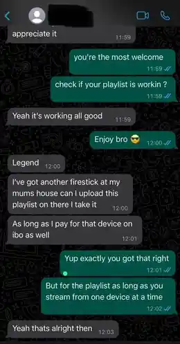 WhatsApp message from a happy AtlasStream Live customer
