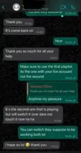 WhatsApp message from a happy AtlasStream Live customer