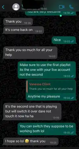 WhatsApp message from a happy AtlasStream Live customer