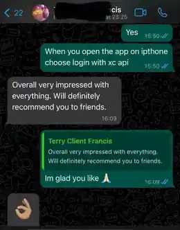 WhatsApp message from a happy AtlasStream Live customer