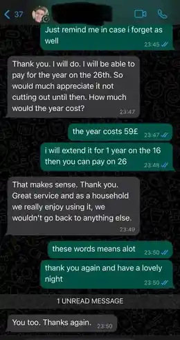 WhatsApp message from a happy AtlasStream Live customer