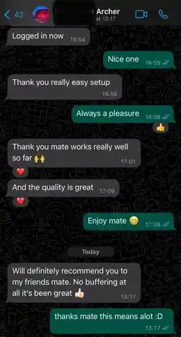 WhatsApp message from a happy AtlasStream Live customer