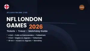 NFL London Games 2026 visitor guide banner — tickets, travel and matchday info for AtlasStream Live